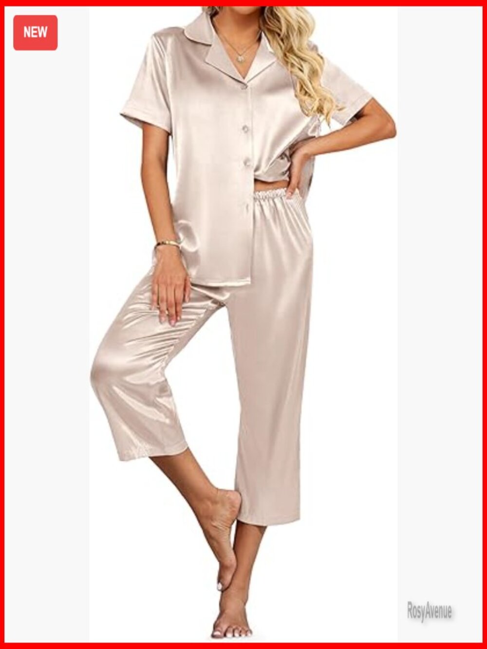 Womens Satin Pajama Set Capri Pjs Short Sleeve Button Down Sleepwear Lounge 2
